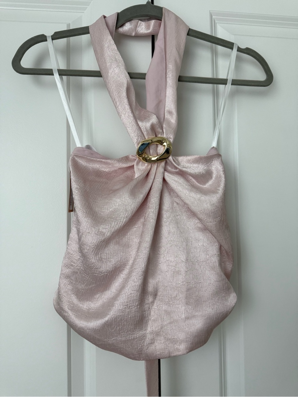 Vestique Keira Soft Pink Satin Halter Top with Gold Ring Accent